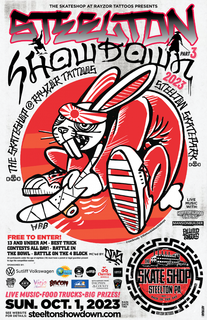The Skateshop at Rayzor Tattoos and the Steelton Borough Police Department present Steelton Showdown 2023, sponsored by Sutliff VW of Harrisburg with support from the Dauphin County Commissioners.